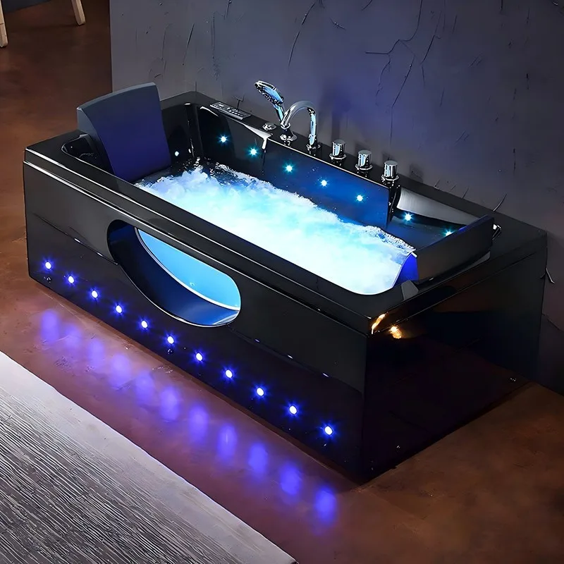 Black Classic Acrylic Freestanding Whirlpool Bathtub for Adults Modern Design with Colorful Air Jet Bubble Massage Jets