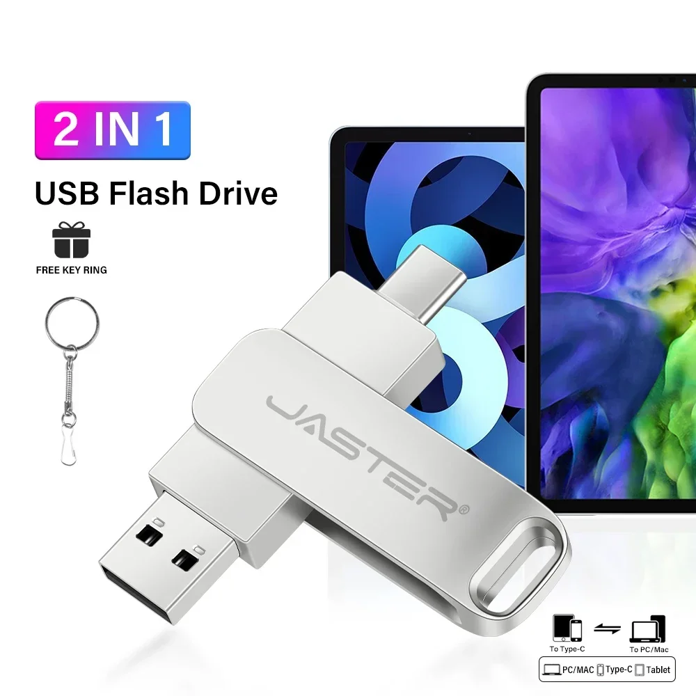 JASTER TYPE-C 2 in 1 USB Flash Drives 64GB Rotatable Metal Memory Stick 32GB Silver Pen Drive 16GB Free Key Chain USB Stick 8GB