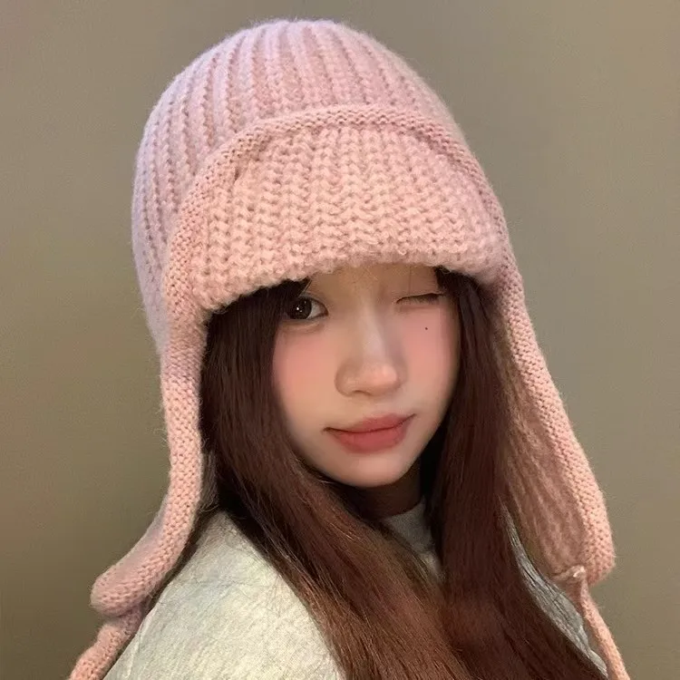 

Pink Knitted Wool Hat Women's Beanies 2025 Autumn Winter Ear Protection Flying Hat Warm Versatile Face Small Ski Lei Feng Hat