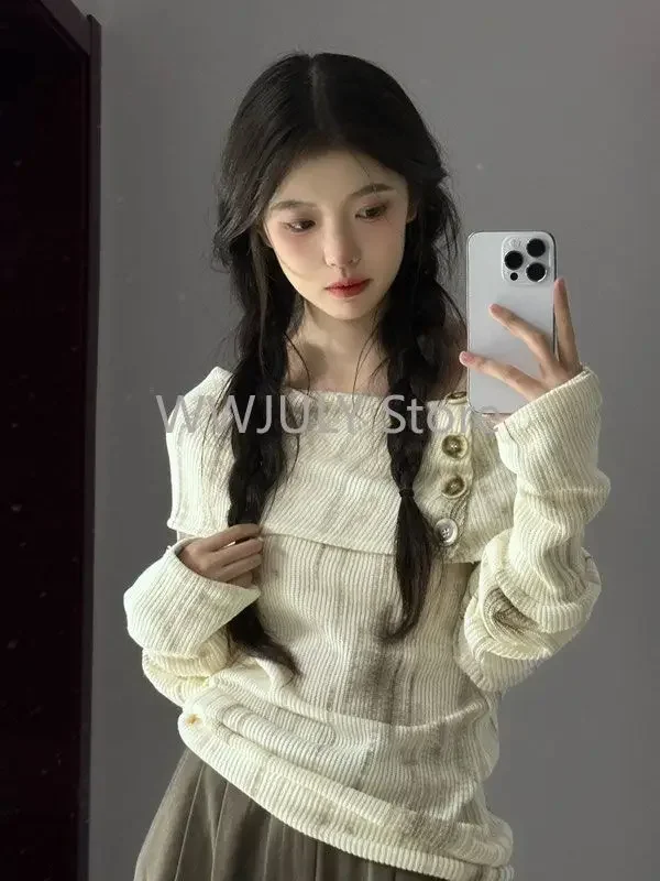 Y2k Off Shoulder Women Sweater Korean Style Long Sleeve Knit Pullovers Harajuku Slash Neck Jerseys Slim Autumn Vintage 2024