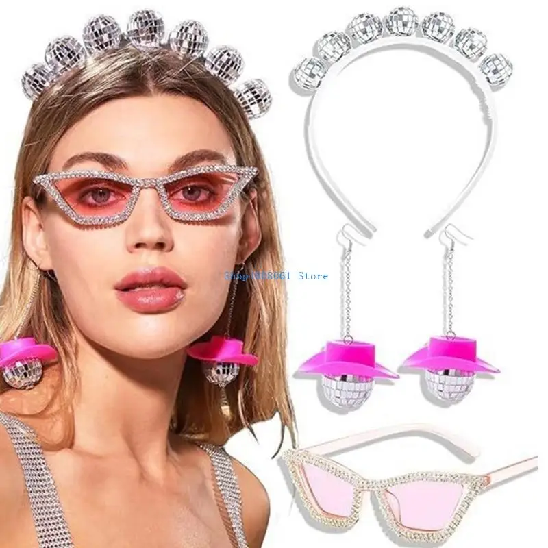 

T3LC 70s Vintage Disco Ball Headband Glass Earring Set Fashionable Party Accessories