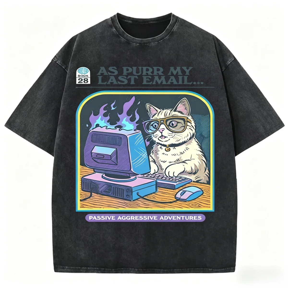 1pc Cat Playing Computer GamesPrint Snow Wash T Shirt Man Unisex Washed Tees Casual Shortwear Soft Breathable Cotton Clothes