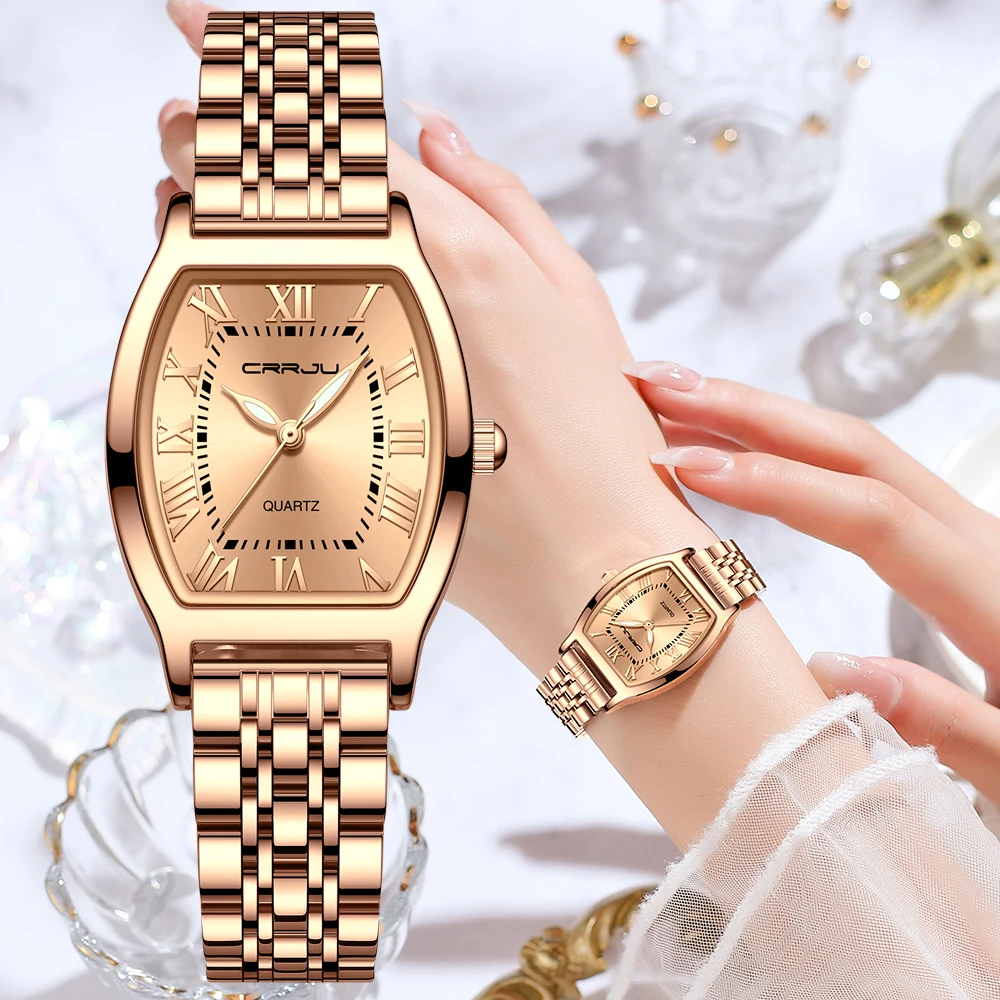 CRRJU Rectangle Ultrathin Simple Design Japan Quartz Lady Fashion Stainless Steel Bracelet Belt Watches for Women