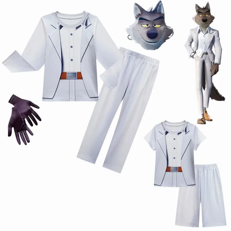 

Костюм для косплея The Bad Guys Mr. Wolf, униформа для вечеринки на Хэллоуин для детей, футболка с длинными рукавами + брюки + маска + перчатки, детская повседневная одежда