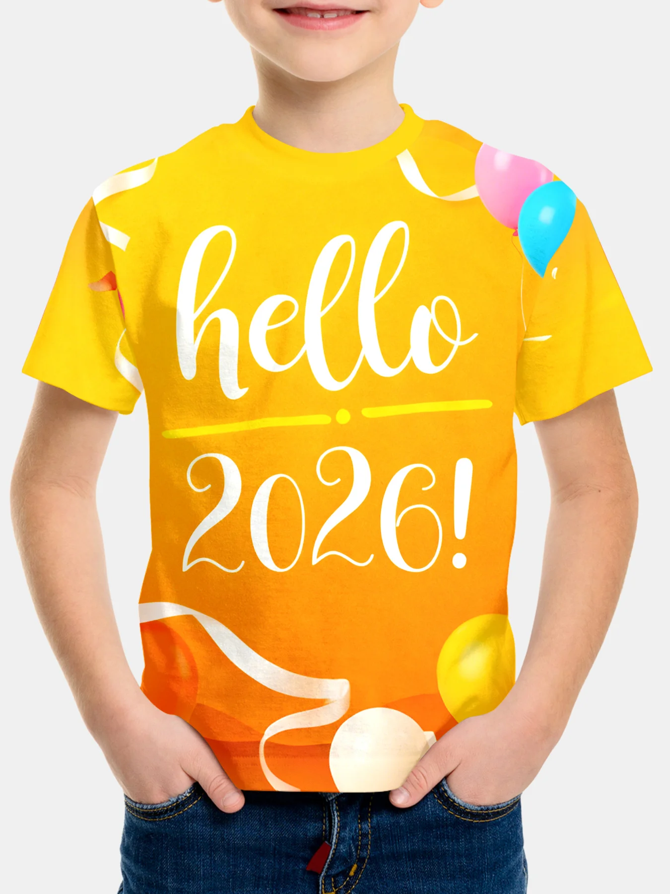 تي شيرت بالون أصفر وبرتقالي متدرج للأطفال "Hello 2026"، طباعة رقمية ثلاثية الأبعاد، 100% بوليستر، ملابس يومية/خارجية للعام الجديد #1