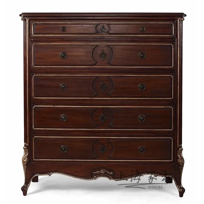 

French chest of drawers, solid wood retro storage, living room, bedroom, American engraved cream white old chest of drawers