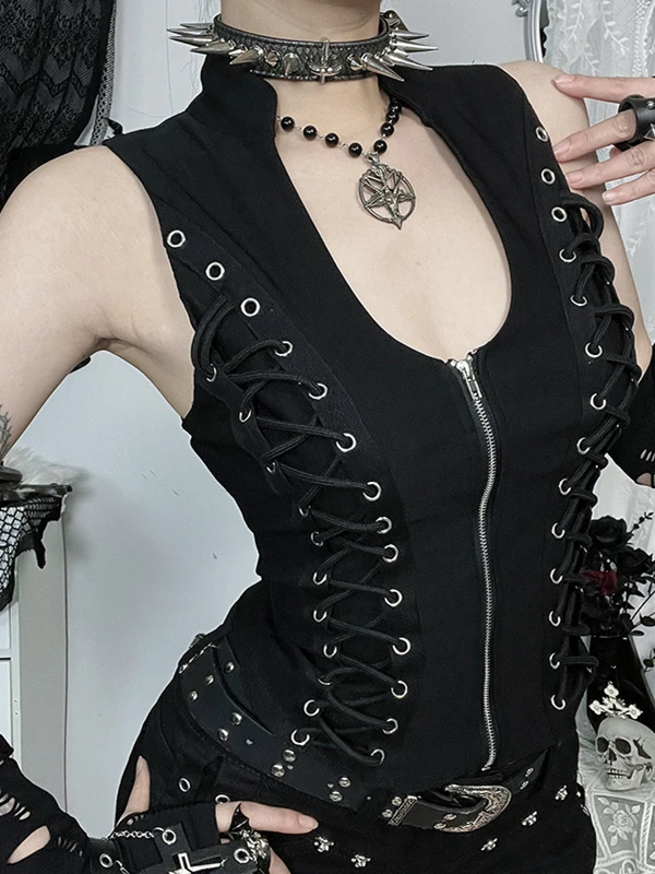 

Wannathis Punk Sle Bla Zipper Vest k Gothic Top Hot Girl loween Streetwear Polyester Fiber ort Length Casual Wear