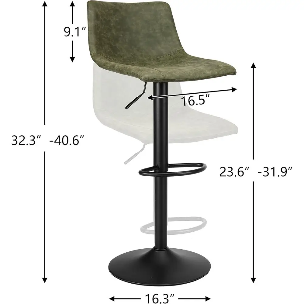 Pair of Counter-Height Swivel Bar Stools with Footrest and L-Back, Vintage Leather, Retro Green