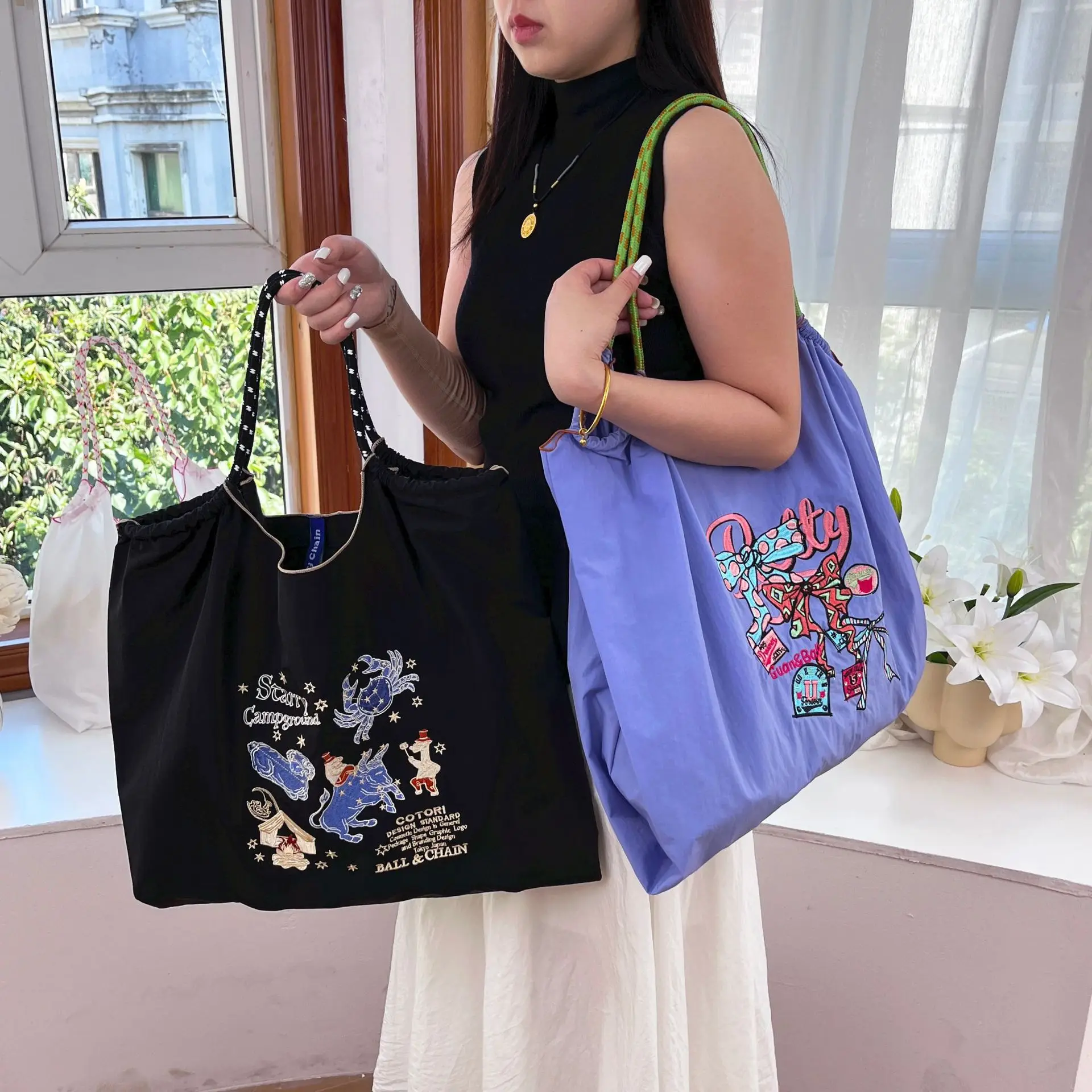 Kawaii Ball Chain Eco-Friendly Bag Embroidered Nylon Anime Cute Black Constellation Large Capacity Shopping Bag Women Handbag