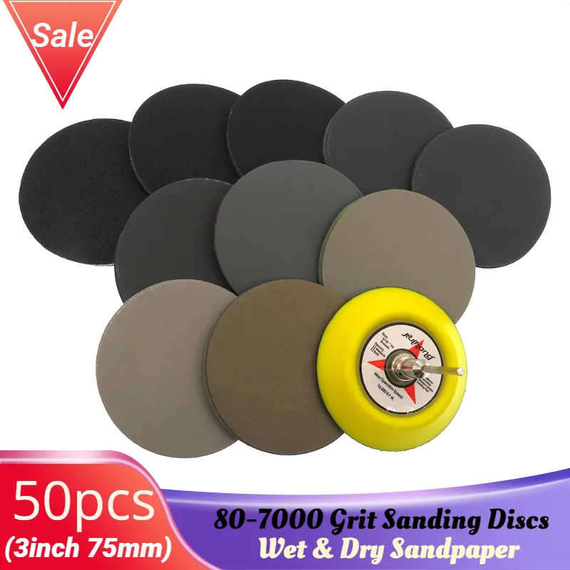 

50pcs Wet Dry Sandpaper Assortment 80-7000 Grit Sander Disc 3inch75mm With Hook and Loop Sanding Pad for Wood