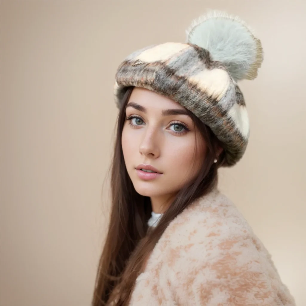 Korean Retro Woolen Plaid Beret Women's Autumn and Winter 2026 New Large Fur Ball High-end Newsboy Painter Hat