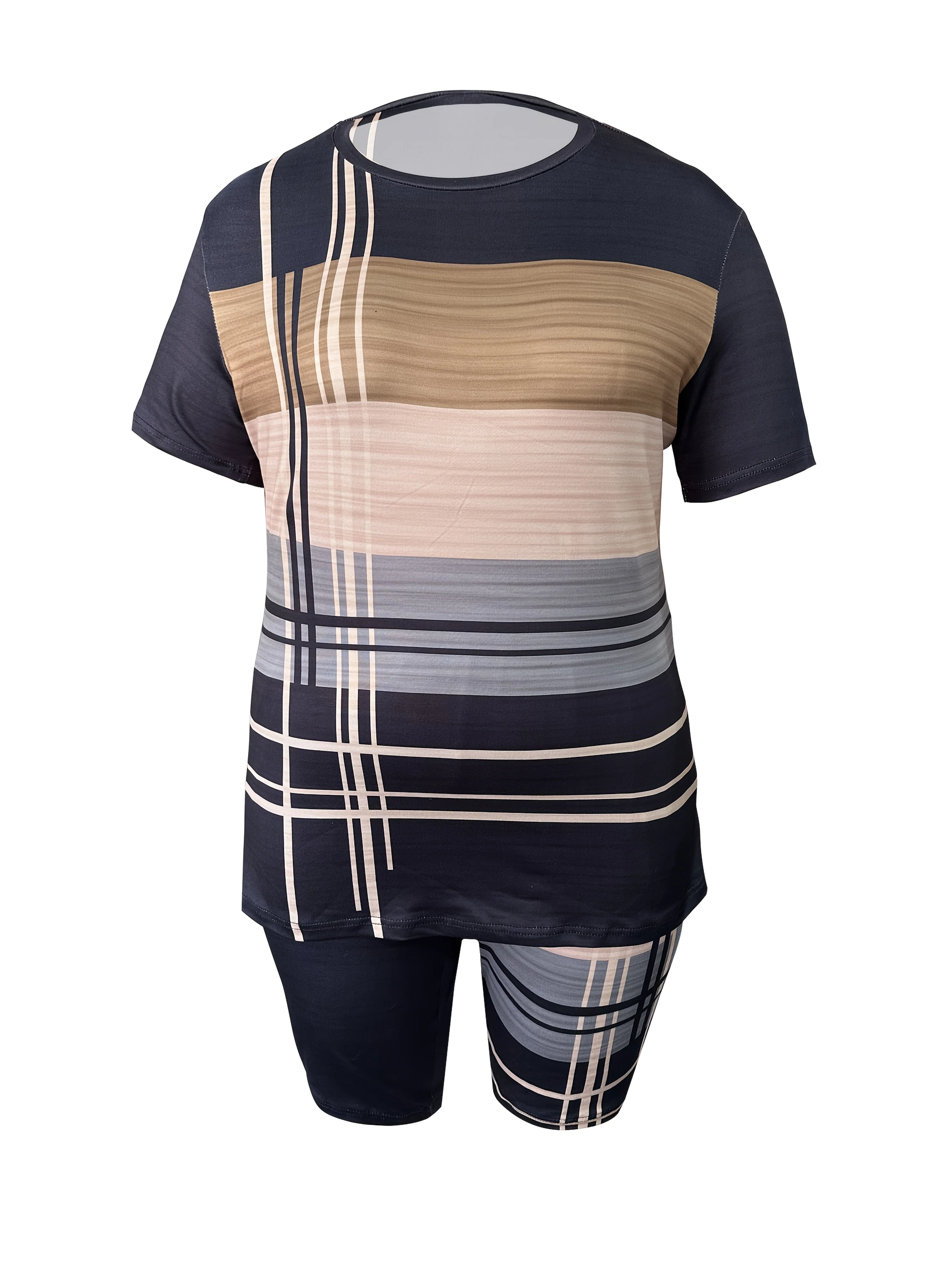 

Женский повседневный комплект из топа и брюк с короткими рукавами и круглым вырезом больших размеров в полоску с принтом