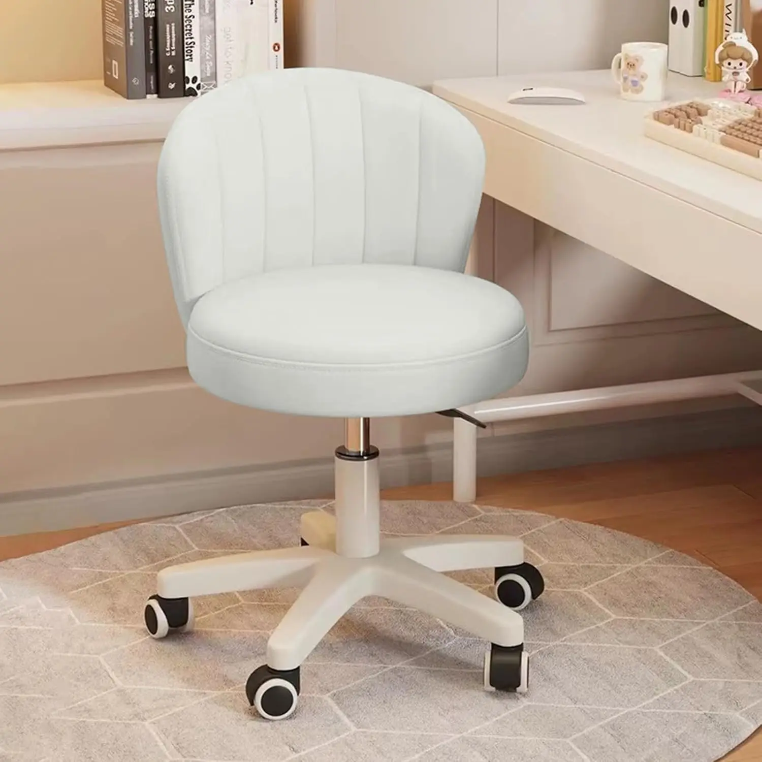 Small Desk Chair Round Rolling Chair with Back PU Leather Height Adjustable Swivel Vanity Work Computer Stool Chair for Home