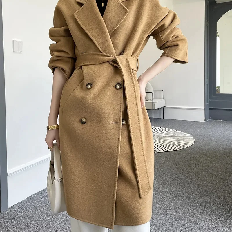 

Winter Women Vintage Long Woolen Coat With Belt Solid Casual Double Breasted Chic Outerwear Ladies Overcoat Female Jackets New