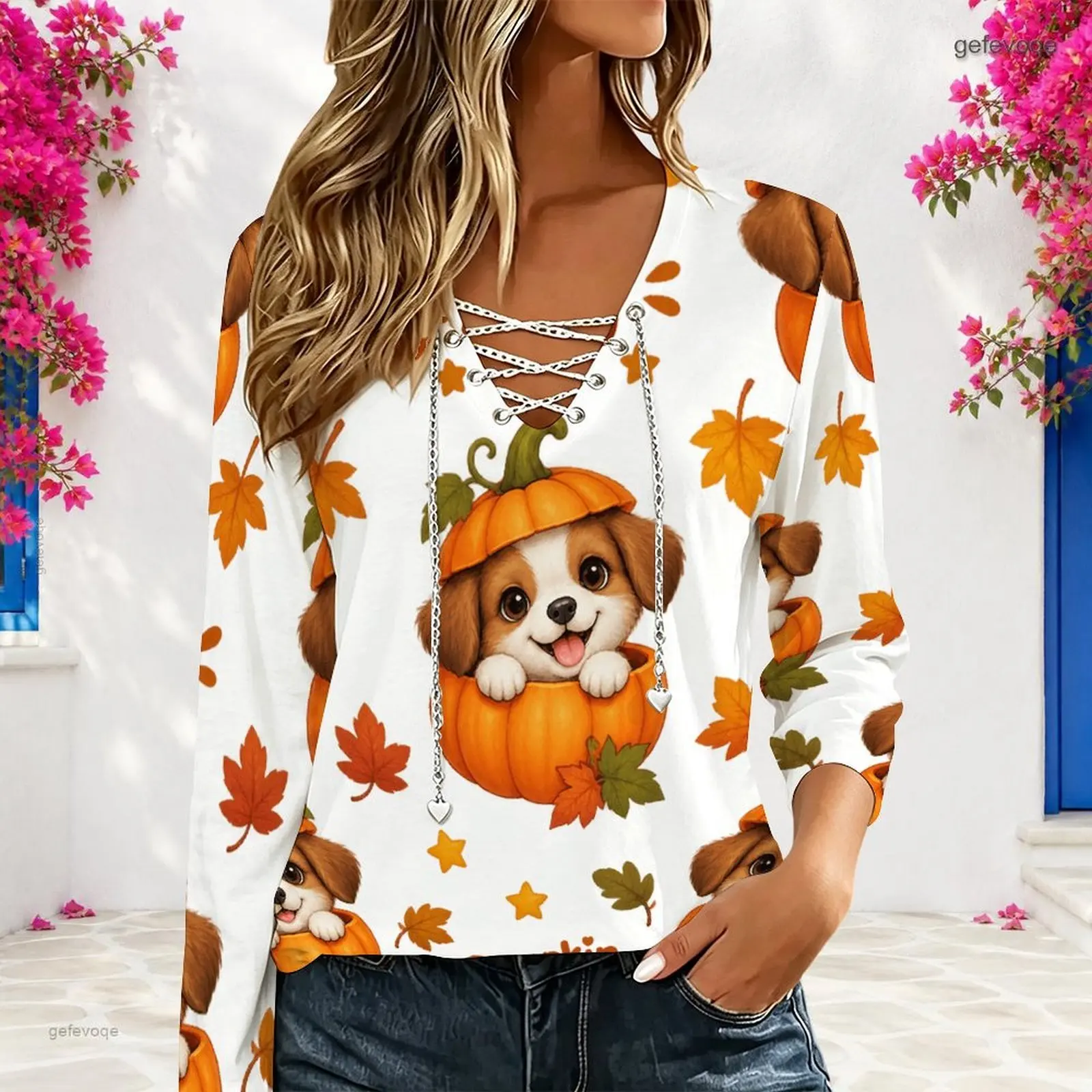 Women Printed V Neck Chain Lace Up Long Sleeve Top, Cute Pumpkin Puppy Maple Leaf Star Pattern