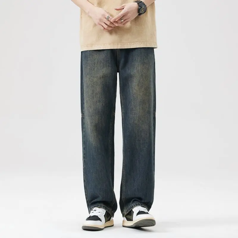 Jeans Fashionable Splicing Design Straight Wide-leg Pants Korean Retro Street Baggy Denim Trousers Men's Baggy Pants Luxury