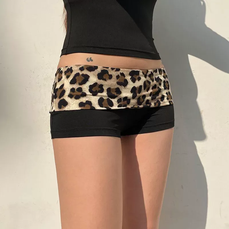 Contrast Patchwork Leopard Low Waist Slim Sexy Booty Shorts Womens Baddie Outfits