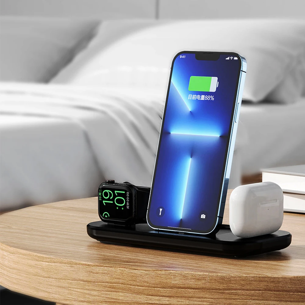 

3 in 1 Wireless Charger Stand Pad For iPhone 14 13 12 Apple Watch Fast Charging Dock Station for Airpods Pro iWatch 8 7