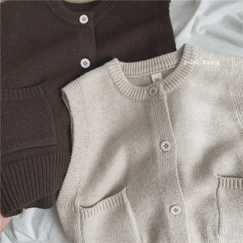 Simple Children\'s Clothing Kids Knitted Vest Solid Versatile Girls Sweater Spring and Autumn Boys Clothes Pocket Vest Cardigan