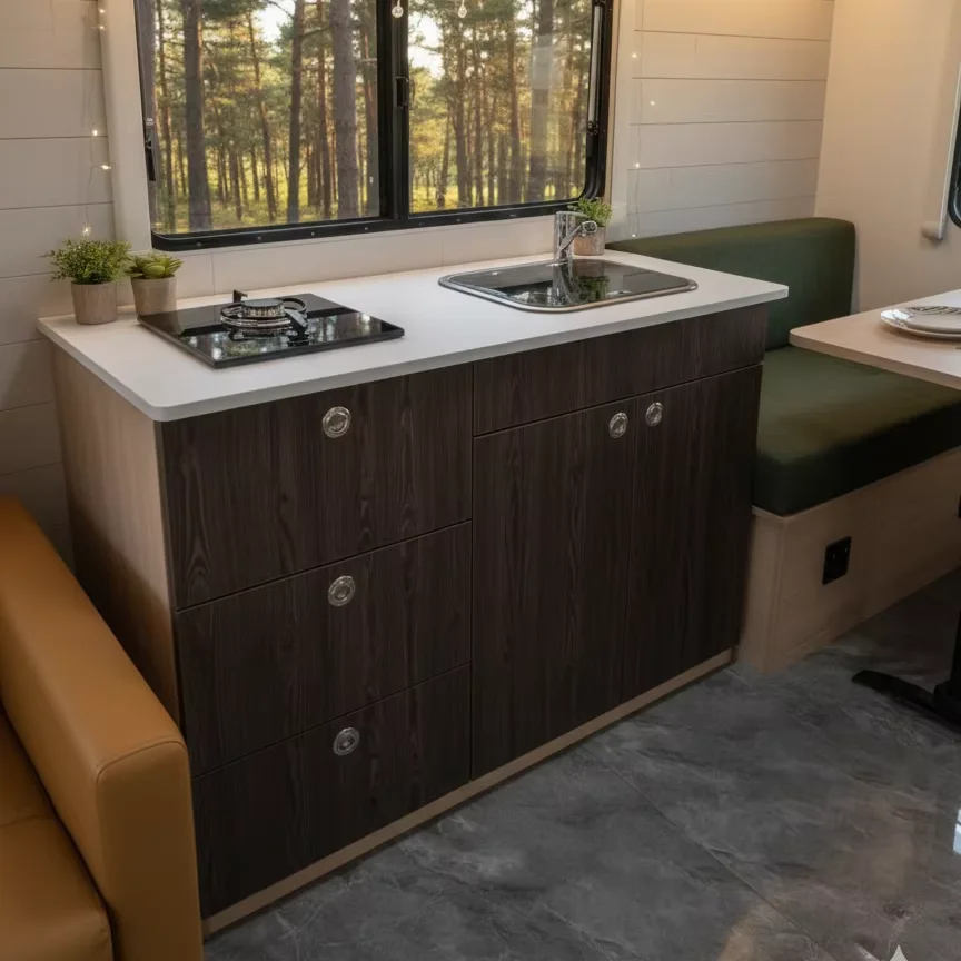

Lightweight Aluminum RV Kitchen Cabinet With Sink and Gas Stove for Camper Van Interior
