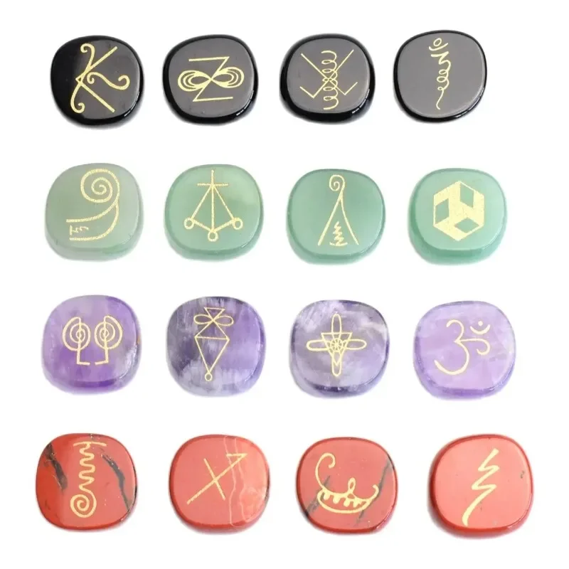 

16 PIECES Natural Chakra Semi-precious Amethyst Lapis Tiger Eye Stone Crystal Reiki Healing KARUNA Magic Wiccan Amulet Symbols