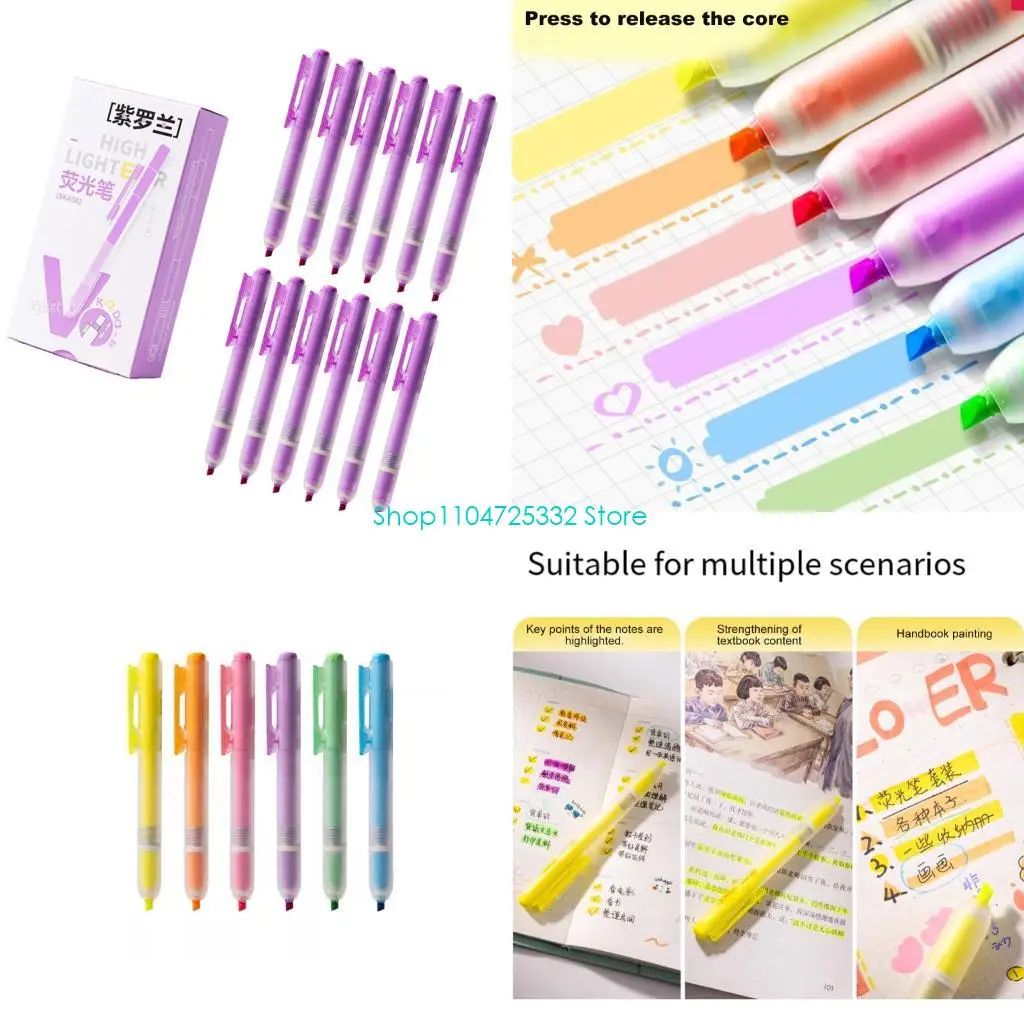 P5EA 12Pcs Student Study Fluorescent Highlighters Colorful Gentle On Eyes Fluid Inks Flows For Textbook Annotation And Office