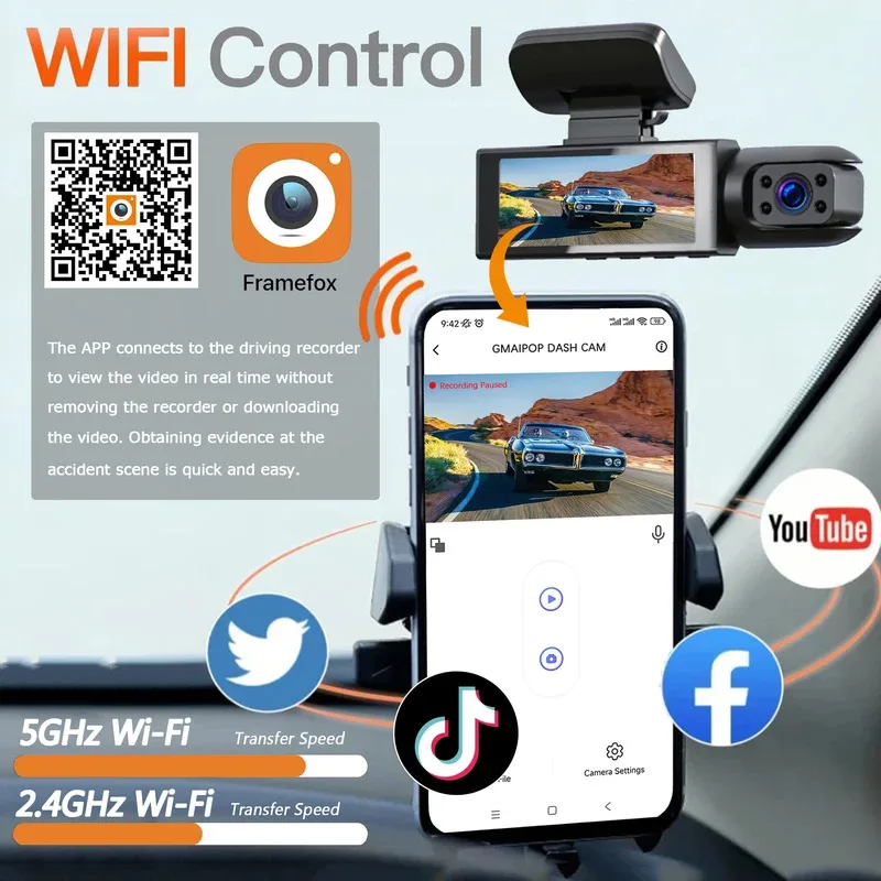 كاميرا داش مزدوجة 1080P WIFI للسيارات، أمامي وداخل، كاميرا سيارة مع رؤية ليلية بالأشعة تحت الحمراء، تسجيل حلقة، كاميرا DVR للسيارة بزاوية واسعة