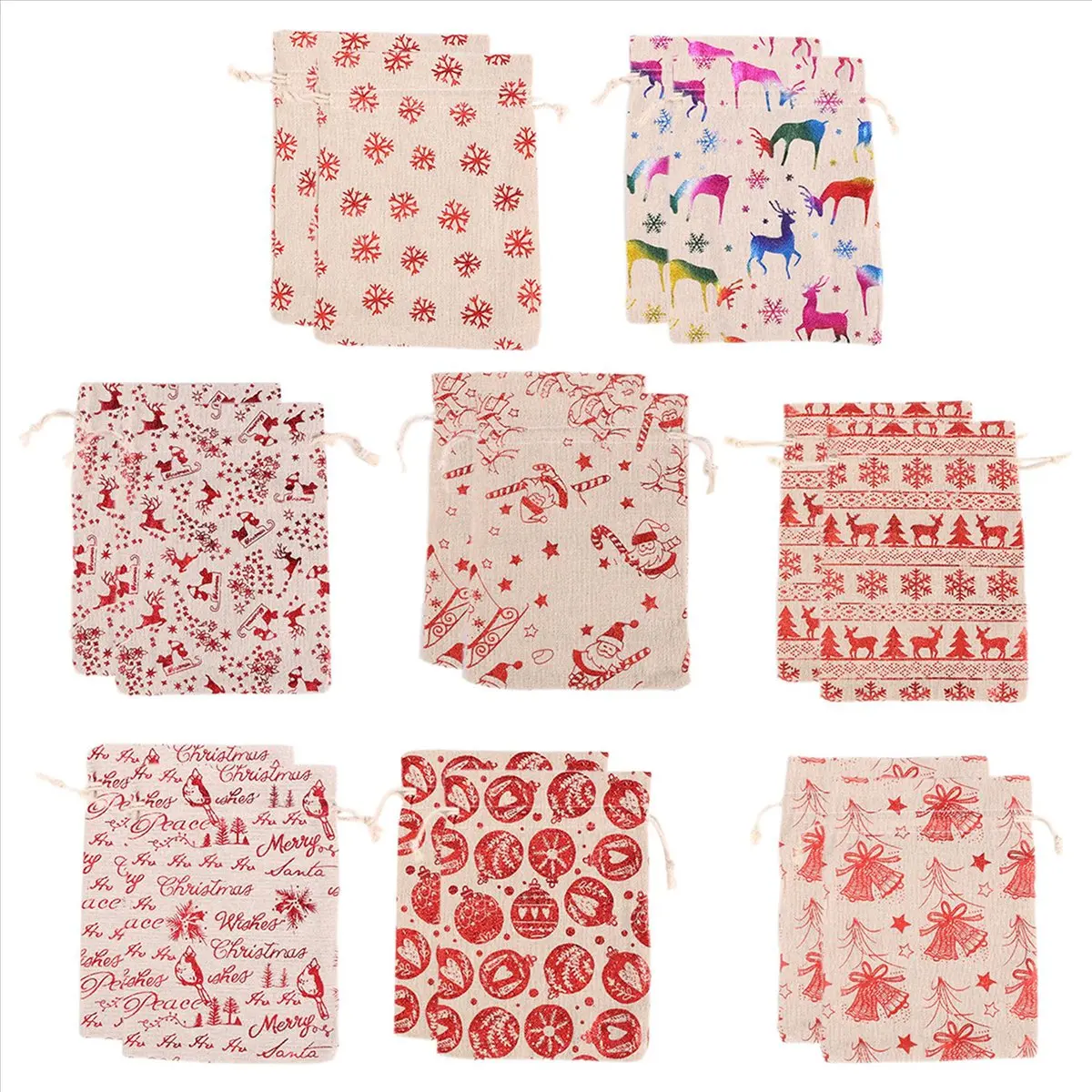 *A14E 16Pcs Christmas Drawstring Gift Bags Burlap, Gift Pouch Goody Bags for Candy Wrapper Gift Christmas Party Favor Supplies