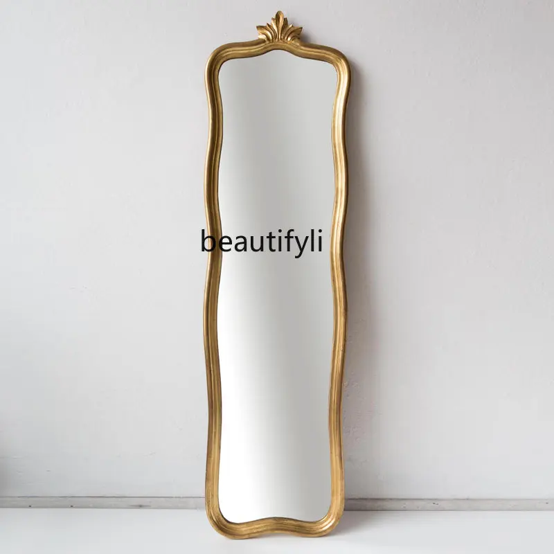 

yj Retro Dressing Mirror French American Carved Floor Mirror Ultra Narrow Wall Hanging Full-Length Mirror