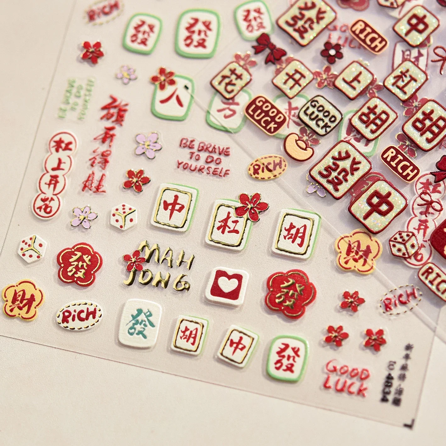 Chinese New Year Mahjong Cards Bowknot Flower Heart Vintage Character Gold Red Nail Art Stickers Festive Occasion Manicure Decal