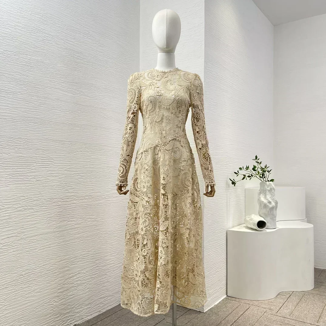 Spring Summer New Collection Beige Long Sleeve Hollow Out Lace Patchwork Tighten the Waist Women Vintage Midi Dress