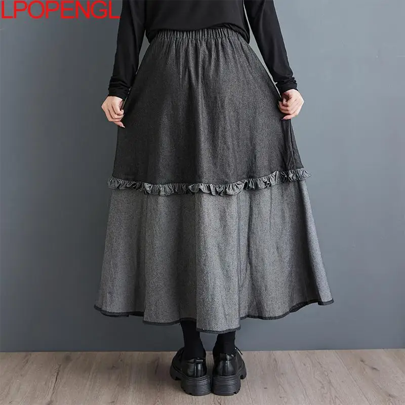 Fashion Women 2024 Autumn New Color-blocked Denim Skirt Elastic Waist Loose Fungus Edge Versatile Vintage Mid-Calf A-line Skirt