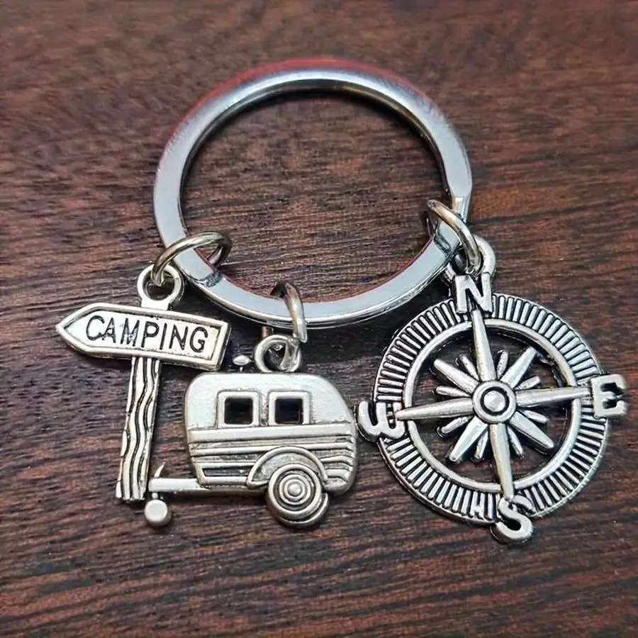 1/5/10/20/50/100pcs Camping RV Keychain, Camping Directional Sign Compass Key Ring, Women's Bag Charm Mixed Color Mini Items For