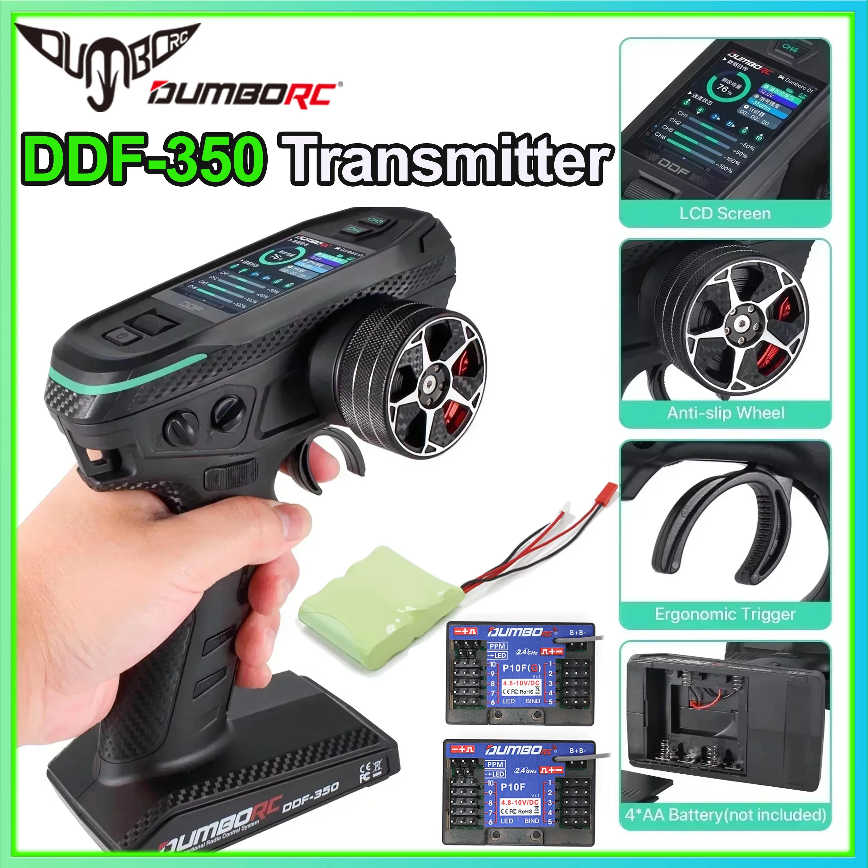 DUMBORC DDF-350 10CH 2.4G Screen Transmitter P10F P10FG Gyro Receiver RC Remote Control 7.4V Battery for RC Car Tank Boat Robot
