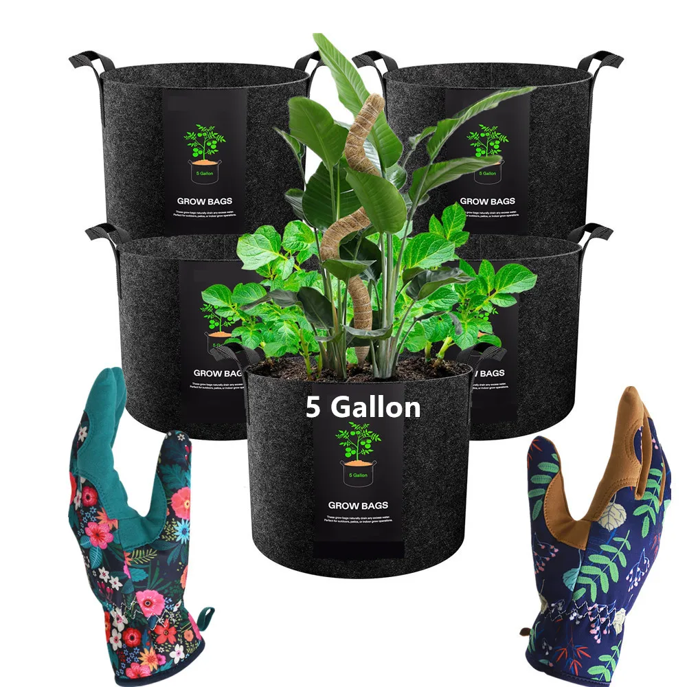 5/10Pack 5 Gallon Grow Bags 300G Thickened Nonwoven Plant Pots&Plant Support Pole&Garden Thorn Proof Gloves&Iron Plant Rack