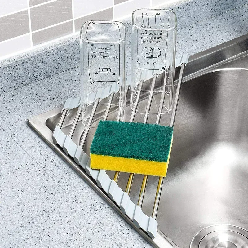 Rejilla triangular enrollable para secado de platos, organizador para fregadero de cocina, soporte para trapo de esponja sobre el fregadero,