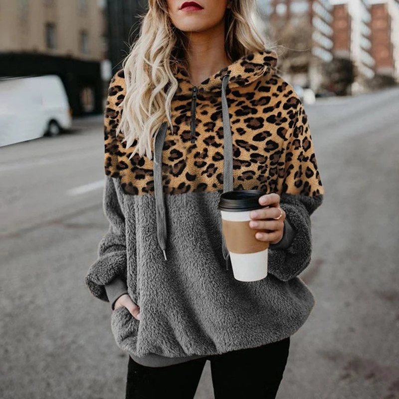 Women\'s Hooded Sweatshirt Autumn Winter Leopard Printed Pocket Zipper Loose Fit Casual Patchwork Sweatshirt