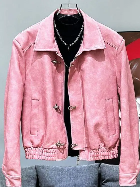 Retro Style Pink Zipper Collar Jacket Handsome Metal Buckle Motorcycle Fashion Men's Outerwear Long Sleeve Standard Fit