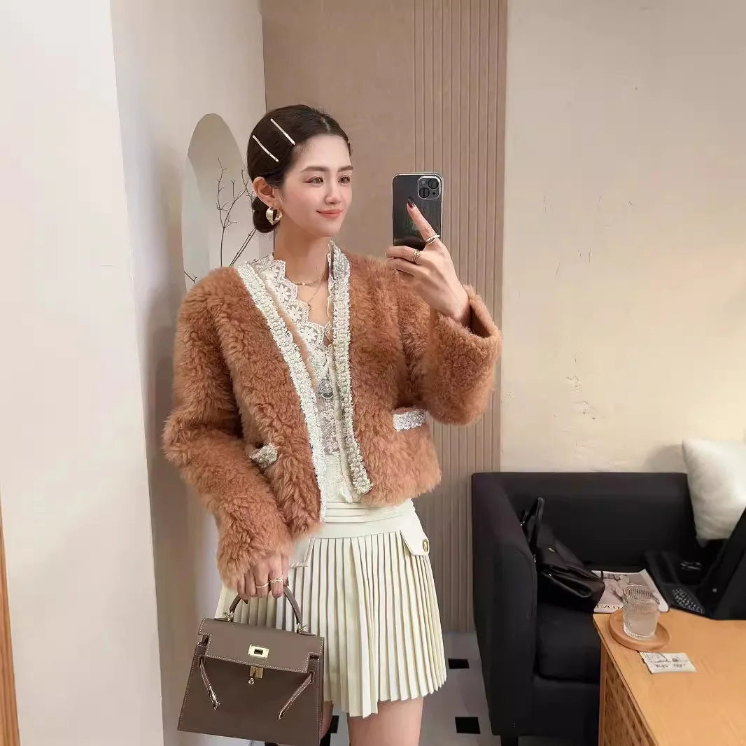 2024 Inverno Nuovo Sle ort Pelliccia di Agnello Jaet Cappotto Integrato in Pelle di Lana Anti-Invecchiamento da Donna Lungo Sve ket