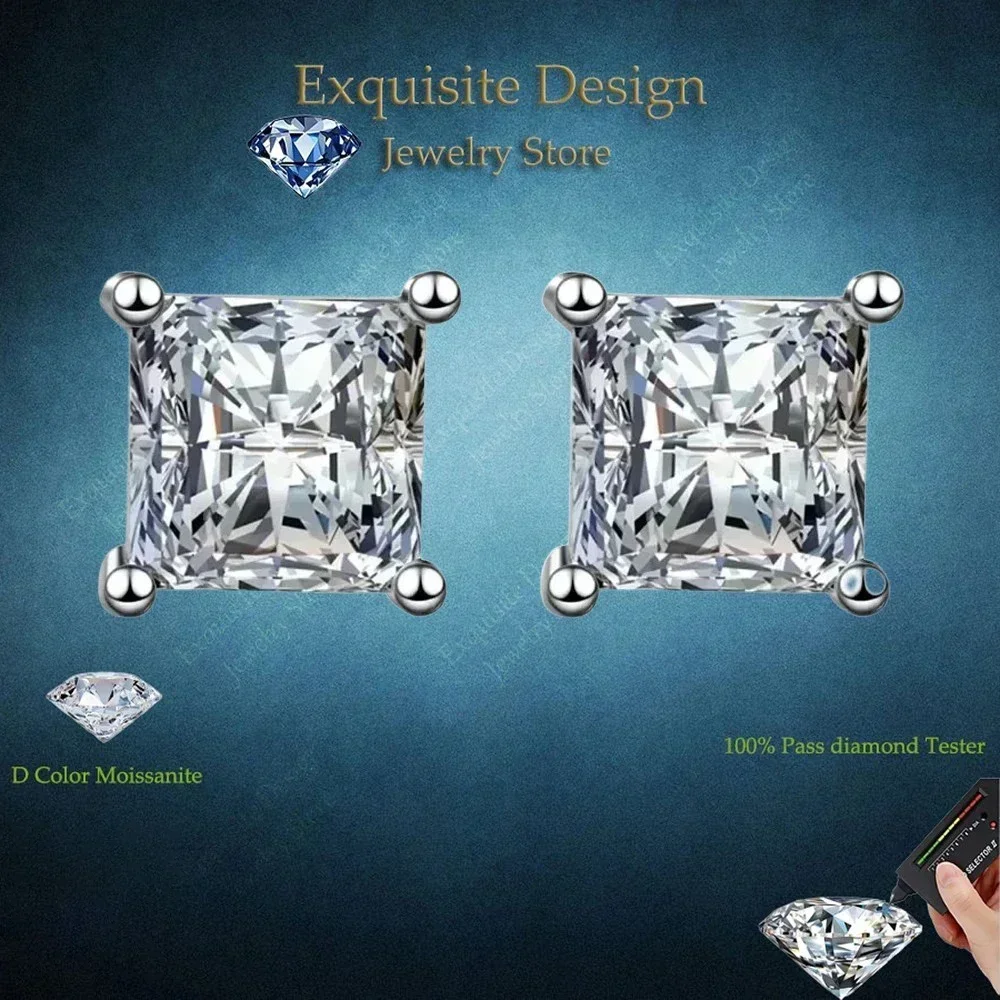 Exquisite Design Moissanite Square Halo Stud Earrings for Women, Classic Earring Princess Trendy PT950 Platinum Fine Jewelry