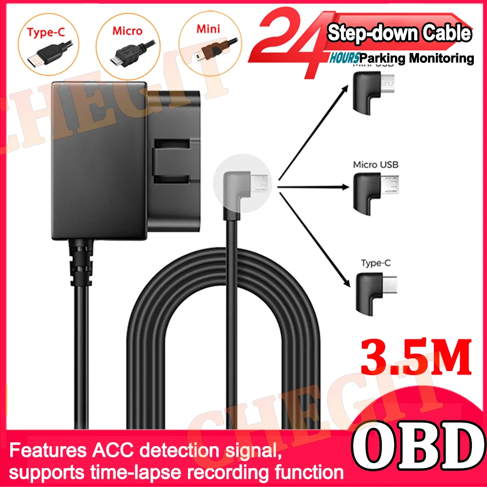 OBD Hardwire Kit Type C Port/Micro USB Port/Mini USB for Compatible with 98% of Car Dash Cam Cable Charger 24H Parking Monitor