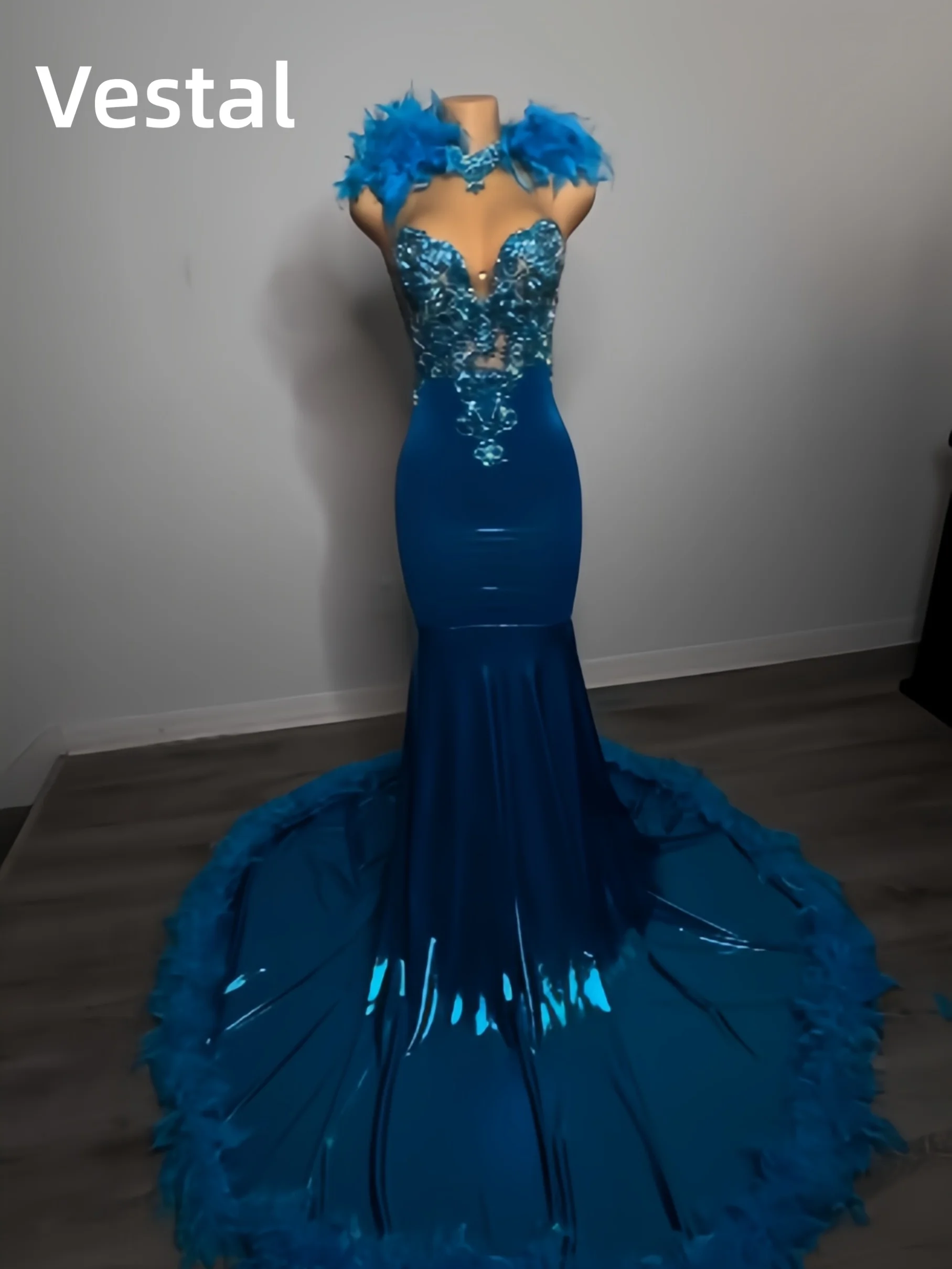 Royal Blue Latex Prom Dress with Feather Trim Beaded Bodice Evening Gown Customized