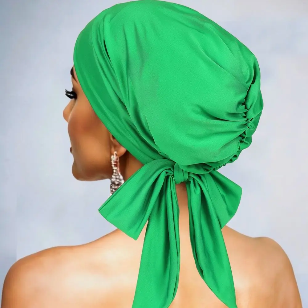 Women Soft Turban Hat Elastic Long Tail Bowknot Headwrap Breathable Chemo Cap Comfortable Lightweight Polyester Beanie