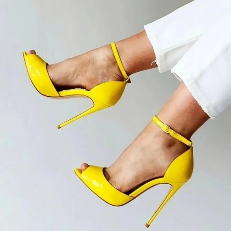 

Sexy Peep Toe Yellow Patent Leather High Heel Shoes Ankle Strap 12CM Stiletto High Heels Women Pump Large Size 45