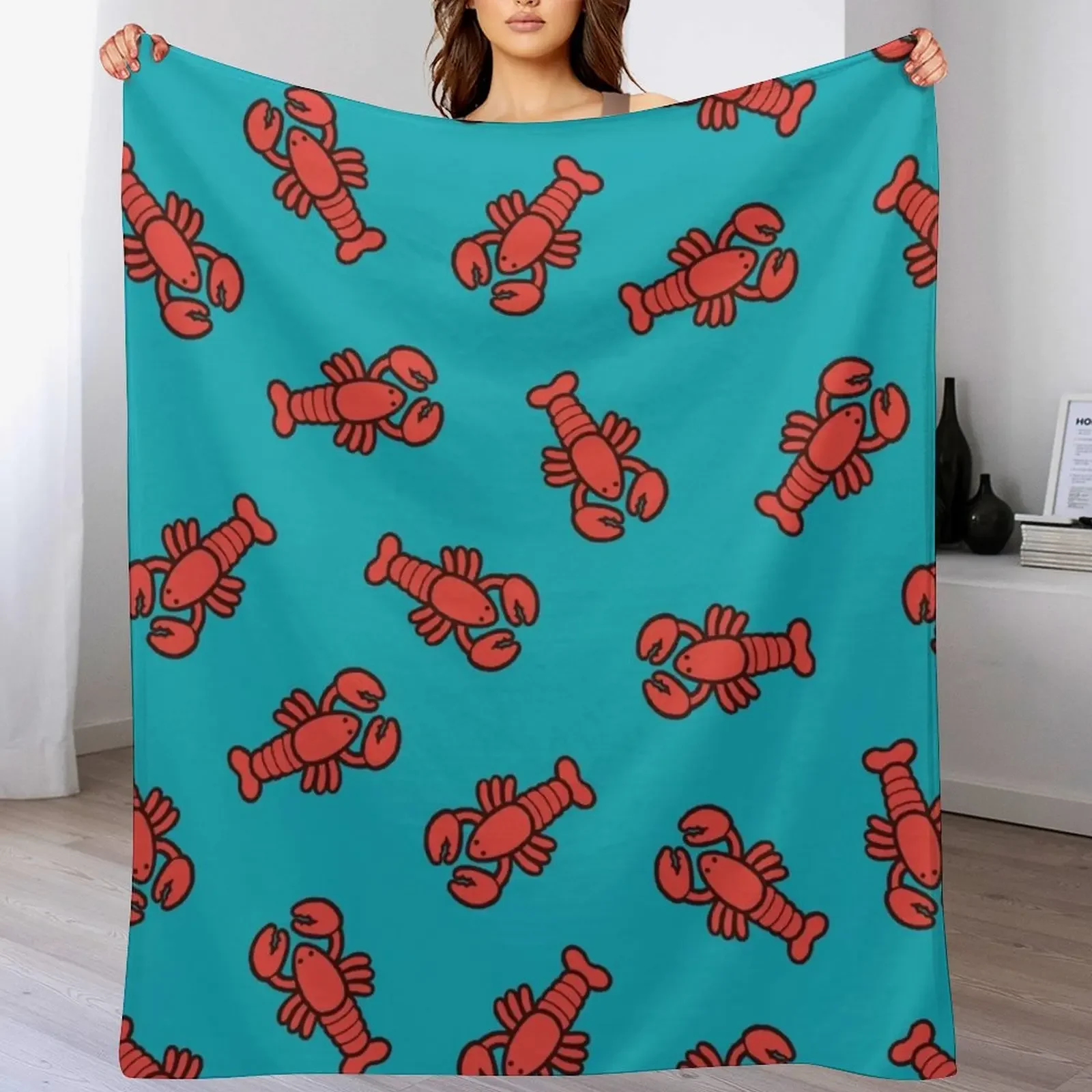 New Lobsters Pattern on Turquoise Blue Throw Blanket No Pilling Soft Warm Blanket for Bed