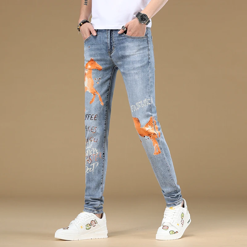 Calça jeans elástica respirável masculina, jeans slim fit, calça confortável, estampada de moda, primavera e verão, nova, 2024