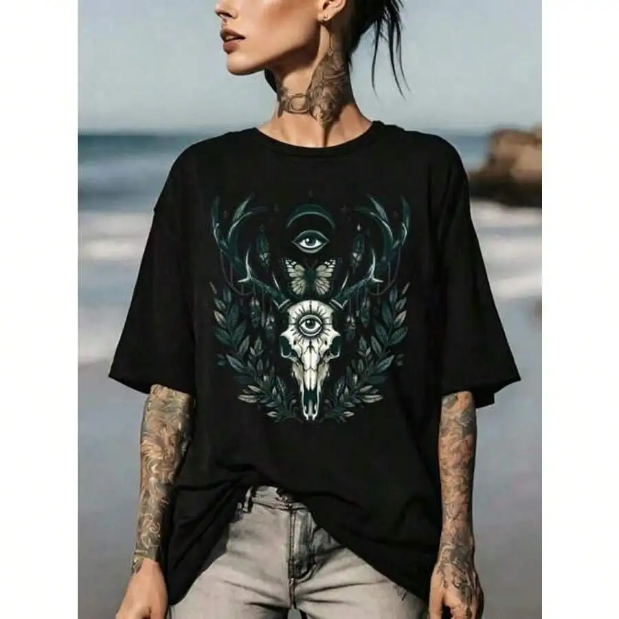 

Gothic Skull And Deer Graphic Tee Womens Cotton T-Shirt Plus Size Short Sleeve Casual Summer Top