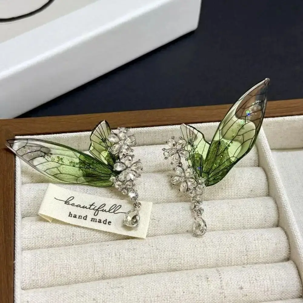 Sweet Exquisite Green Elf Ear Clip Transparent Rhinestone Butterfly Earrings Shiny Translucent Wings Ear Clip Party