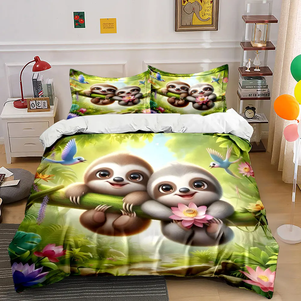 Adorable sloths smiling in lush forest Print Bedding Set 1Duvet Cover 2Pillowcases for Adult and Children Luxury Gift Full Size