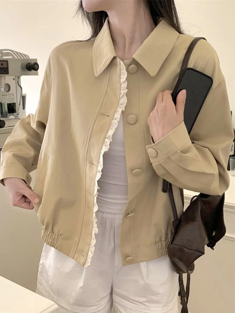 Lace Patchwork Sweet Jackets Women Vintage Elegant Long Sleeve Khaki Coat Korean Retro Casual Female Preppy Style Autumn Outwear